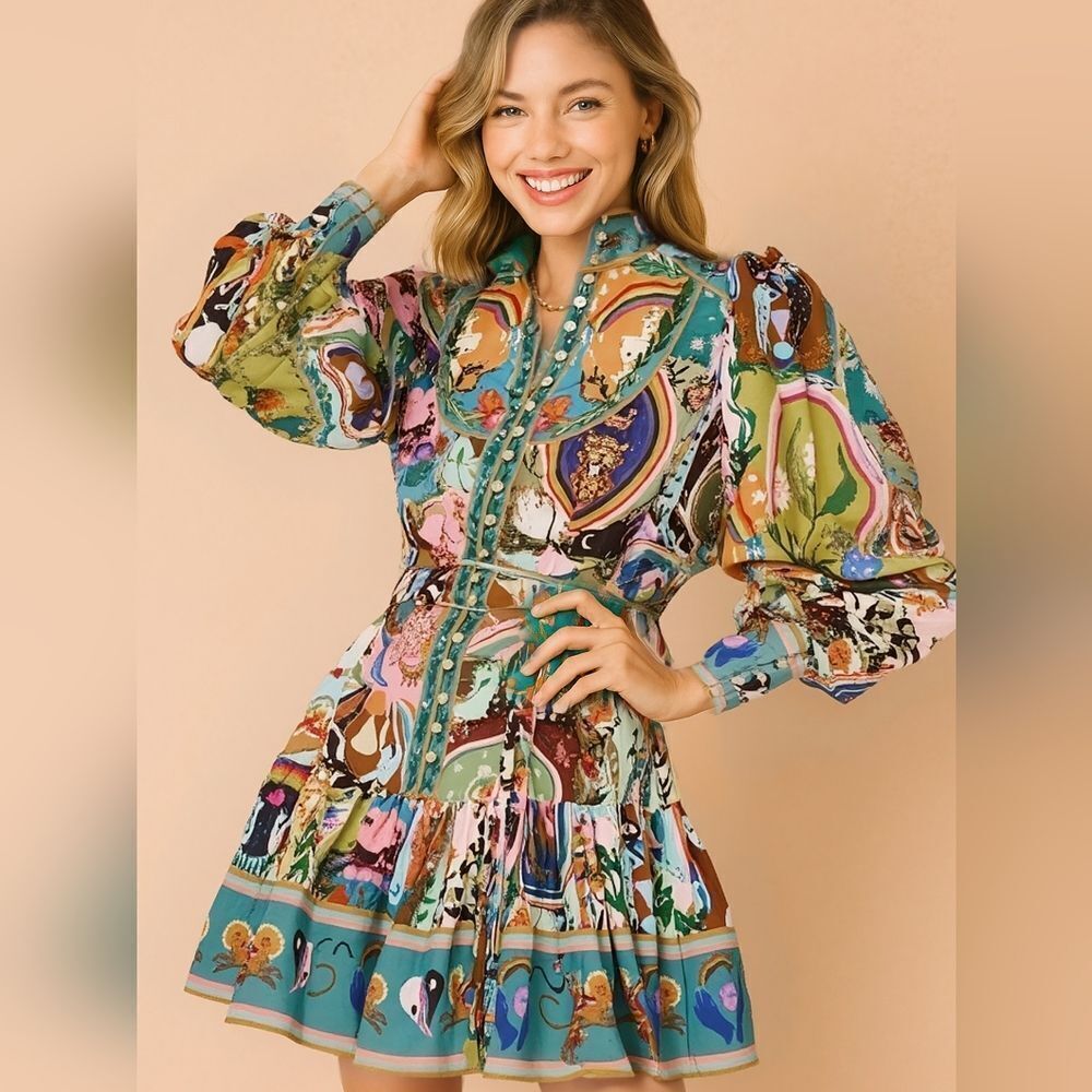 Fun Cute Long Sleeve Mini Shirt Dress with Colorful Graphic Print Az S M L XL 2X